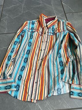 Western-Style Striped Button-Down Shirt in Turquoise & Multi